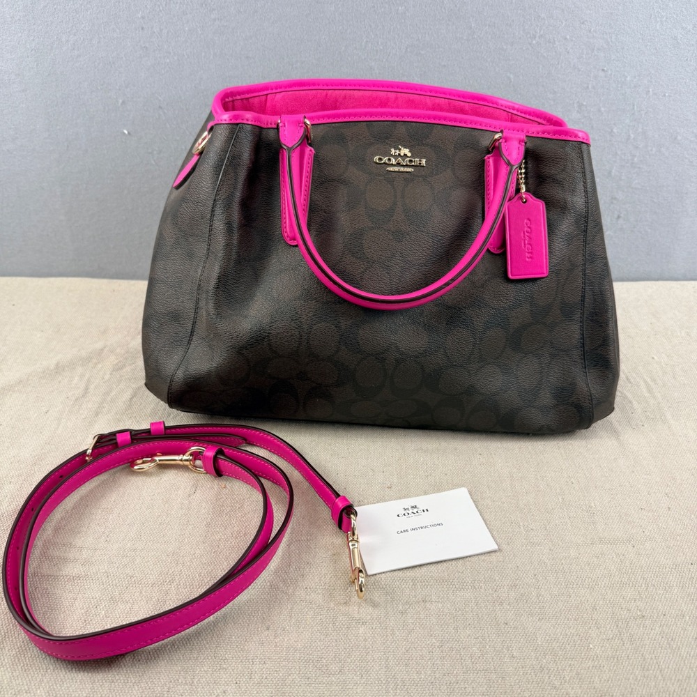 Coach Margot Carryall Signature Brown Canvas Bright Pink Trim Crossbody Tote Bag